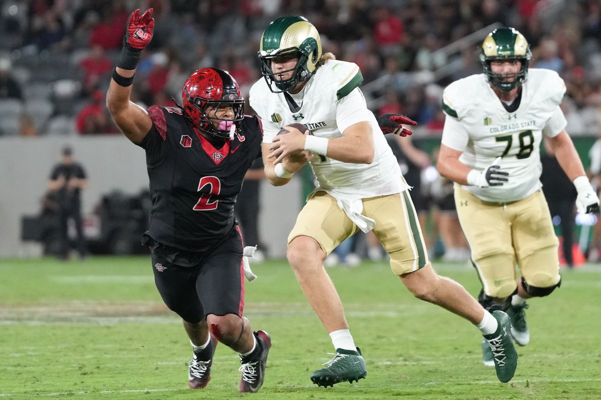 San Diego State University edge Trey White (2) sacks Colorado State quarterback Jackson Brousseau (7) during an NCAA football game, Friday October 03, 2025 in San Diego, California San Diego State University edge Trey White (2) sacks Colorado State quarterback Jackson Brousseau (7) during an NCAA football game, Friday October 03, 2025 in San Diego, California
