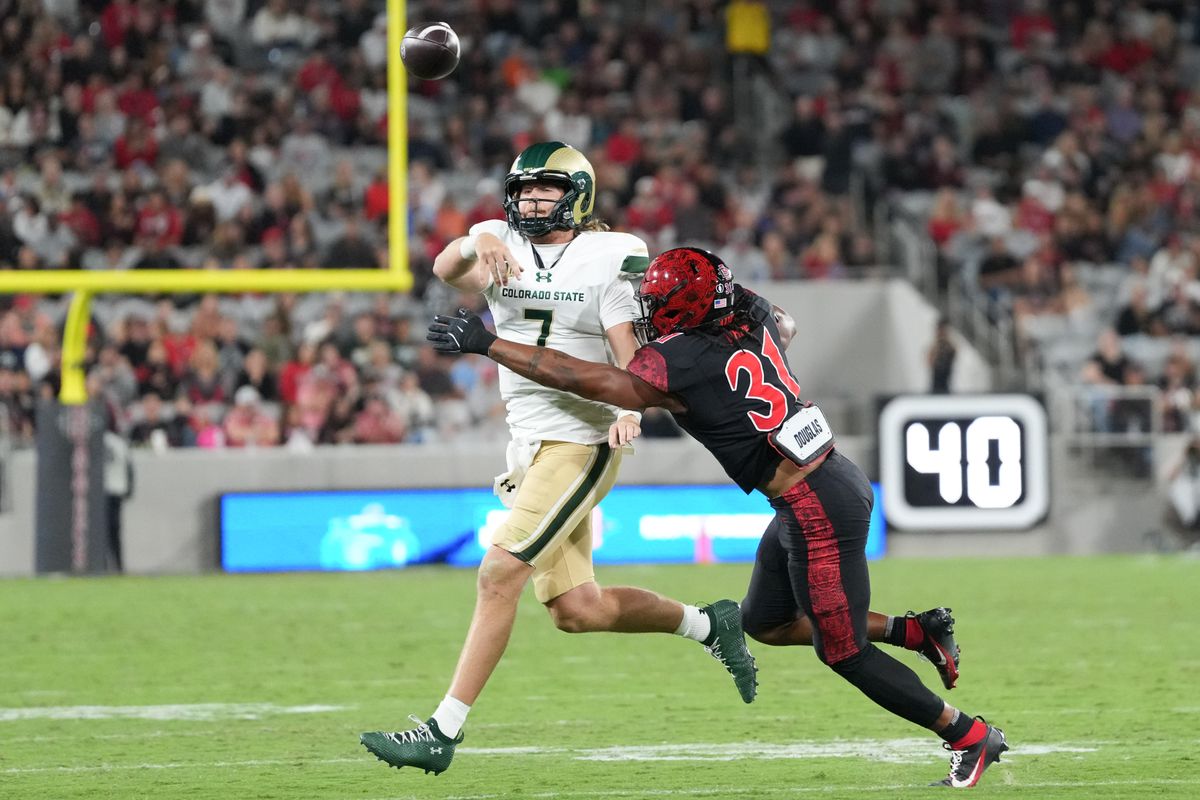 San Diego State University edge Jared Badie (31) rushes Colorado State quarterback Jackson Brousseau (7) during an NCAA football game, Friday October 03, 2025 in San Diego, California. San Diego State University edge Jared Badie (31) rushes Colorado State quarterback Jackson Brousseau (7) during an NCAA football game, Friday October 03, 2025 in San Diego, California.