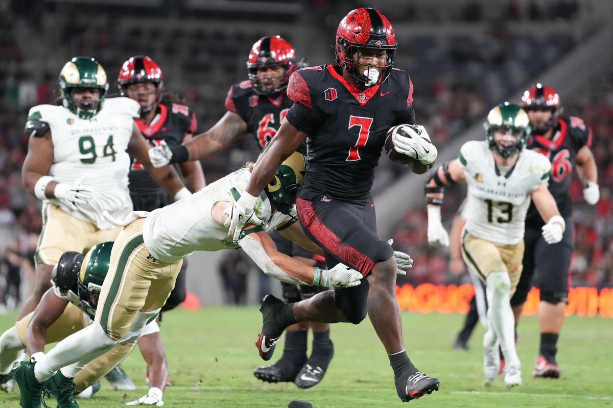 San Diego State University running back Lucky Sutton (7) runs the ball in for a touchdown during an NCAA football game against Colorado State, Friday October 03, 2025 in San Diego, California. San Diego State University running back Lucky Sutton (7) runs the ball in for a touchdown during an NCAA football game against Colorado State, Friday October 03, 2025 in San Diego, California.