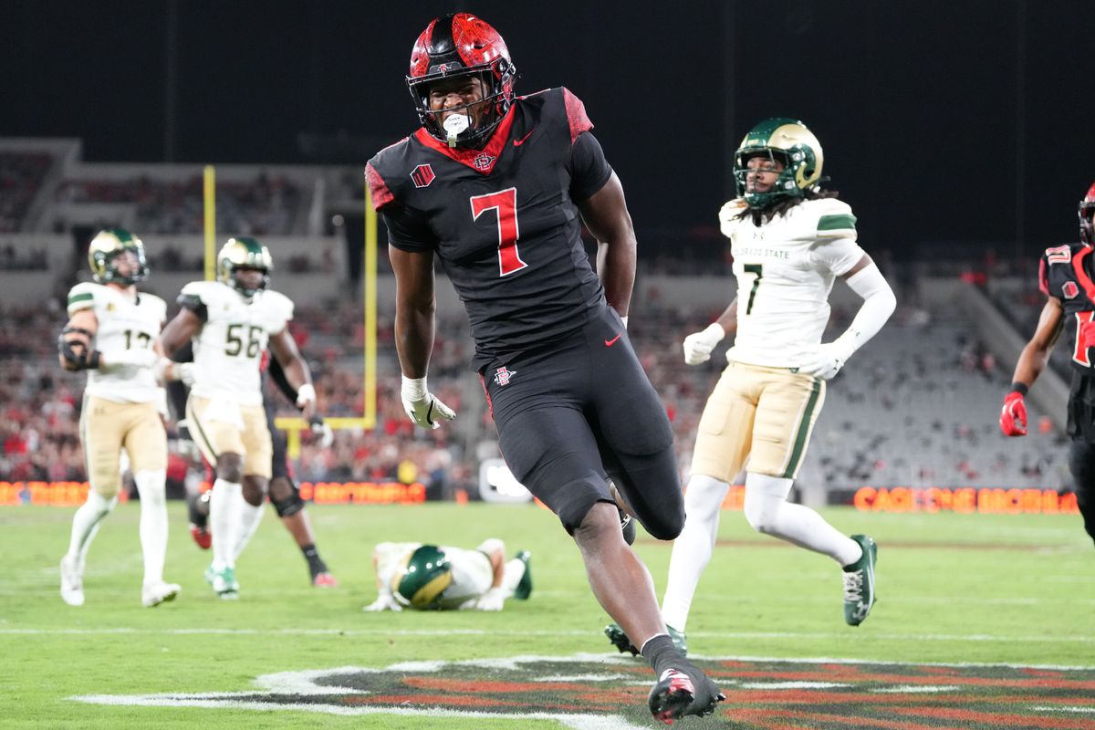 San Diego State University running back Lucky Sutton (7) celebrates after scoring a touchdown during an NCAA football game against Colorado State, Friday October 03, 2025 in San Diego, California. San Diego State University running back Lucky Sutton (7) celebrates after scoring a touchdown during an NCAA football game against Colorado State, Friday October 03, 2025 in San Diego, California.