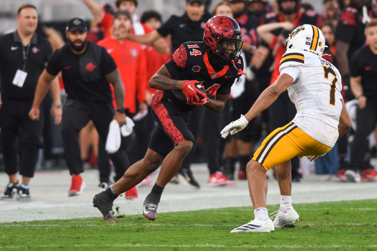 SDSU wide receiver Donovan Brown (14) gains yards after the catch during an NCAA football game against the Wyoming Cowboys Saturday November 1, 2025 in San Diego, California. SDSU wide receiver Donovan Brown (14) gains yards after the catch during an NCAA football game against the Wyoming Cowboys Saturday November 1, 2025 in San Diego, California.