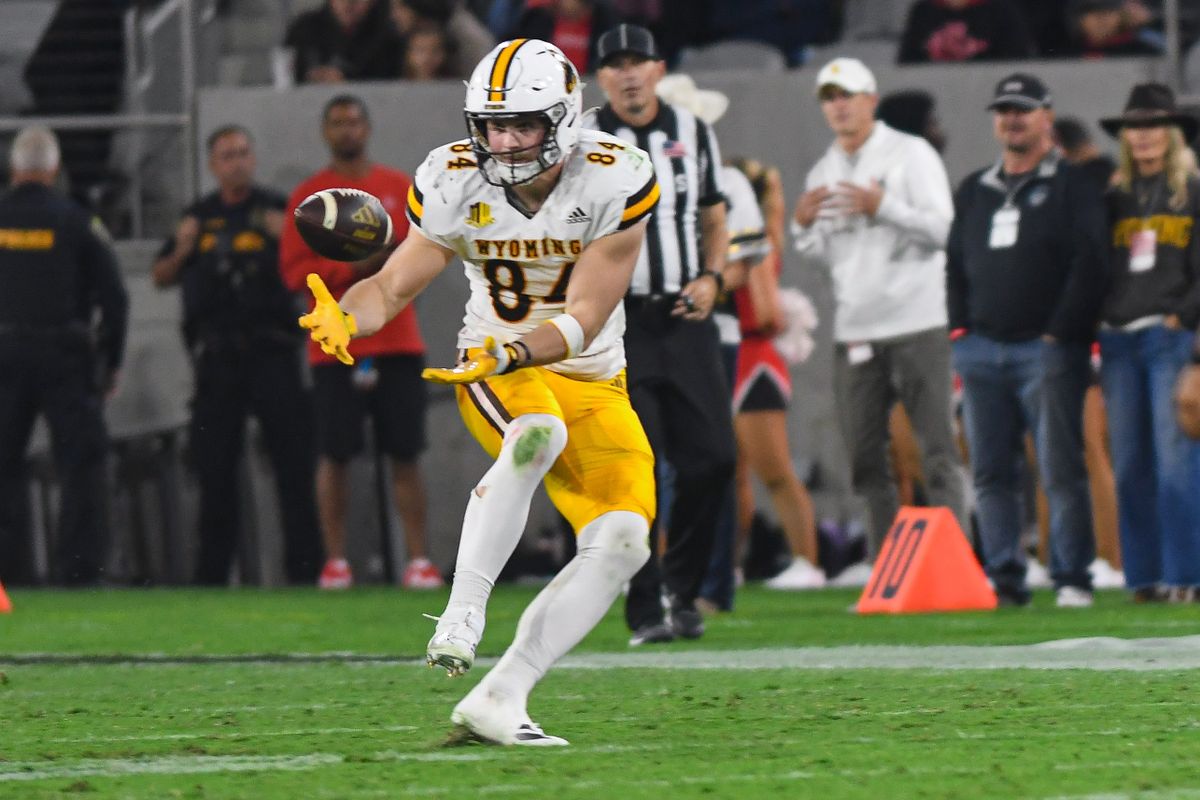 Wyoming tight end John Michael Gyllenborg (84) catches a pass during an NCAA football game against the San Diego State Aztecs Saturday November 1, 2025 in San Diego, California. Wyoming tight end John Michael Gyllenborg (84) catches a pass during an NCAA football game against the San Diego State Aztecs Saturday November 1, 2025 in San Diego, California.