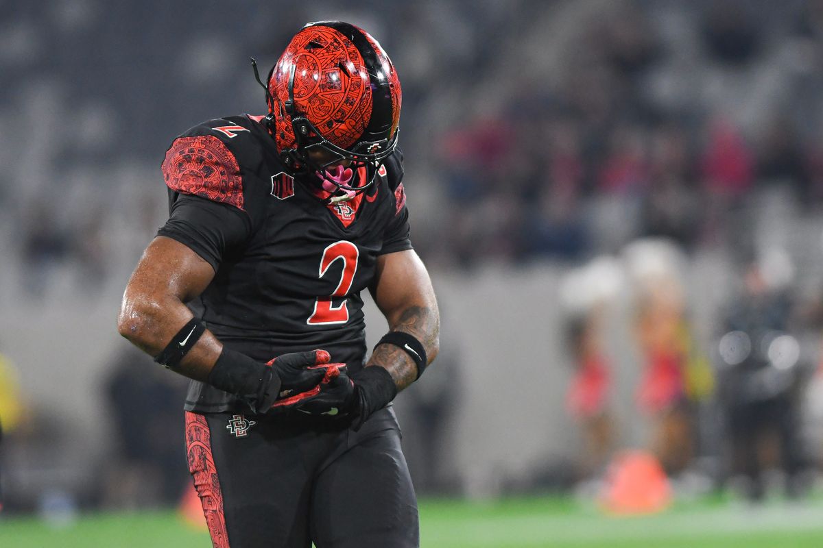 SDSU linebacker Trey White (2) react to sacking the quarterback during an NCAA football game against the Wyoming Cowboys Saturday November 1, 2025 in San Diego, California. SDSU linebacker Trey White (2) react to sacking the quarterback during an NCAA football game against the Wyoming Cowboys Saturday November 1, 2025 in San Diego, California.