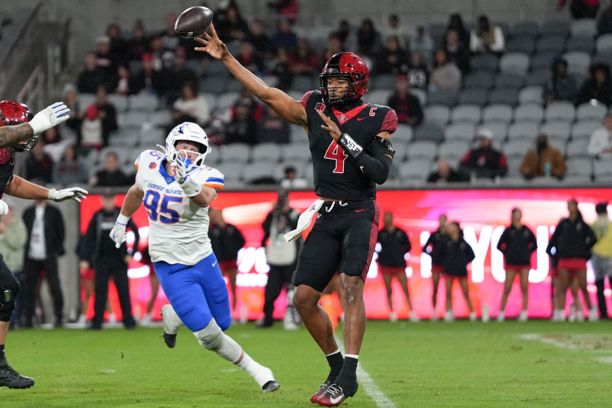 San Diego State University quarterback Jayden Denegal (4) throws the ball during an NCAA football game against Boise State, Saturday November 15, 2025 in San Diego, California.