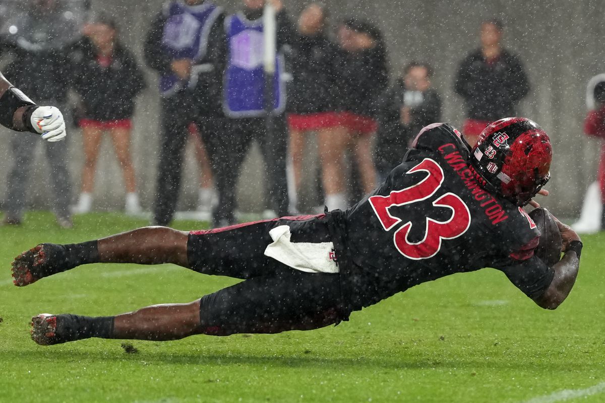 San Diego State University running back Christian Washington (23) dives into the endzone during an NCAA football game against Boise State, Saturday November 15, 2025 in San Diego, California.