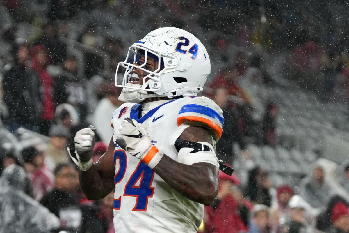 Boise State running back Dylan Riley (24) celebrates after scoring a touchdown during an NCAA football game against SDSU, Saturday November 15, 2025 in San Diego, California.