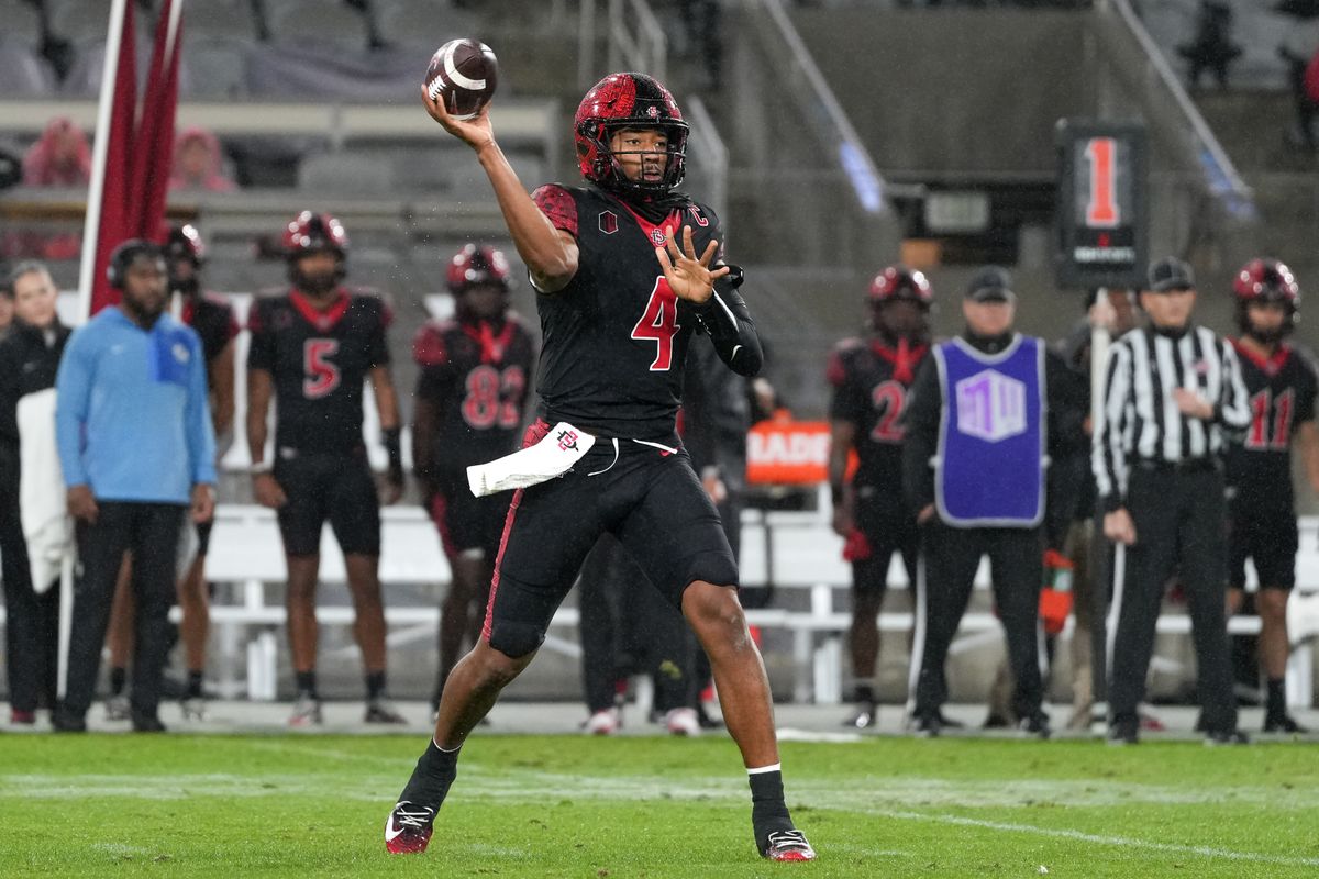 San Diego State University quarterback Jayden Denegal (4) throws the ball during an NCAA football game against Boise State, Saturday November 15, 2025 in San Diego, California.