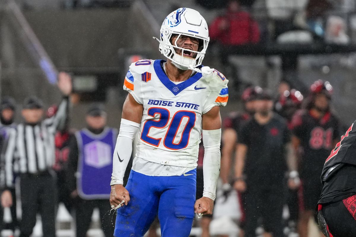 Boise State cornerback Jaden Mickey (20) celebrates after a big tackle during an NCAA football game against SDSU, Saturday November 15, 2025 in San Diego, California.