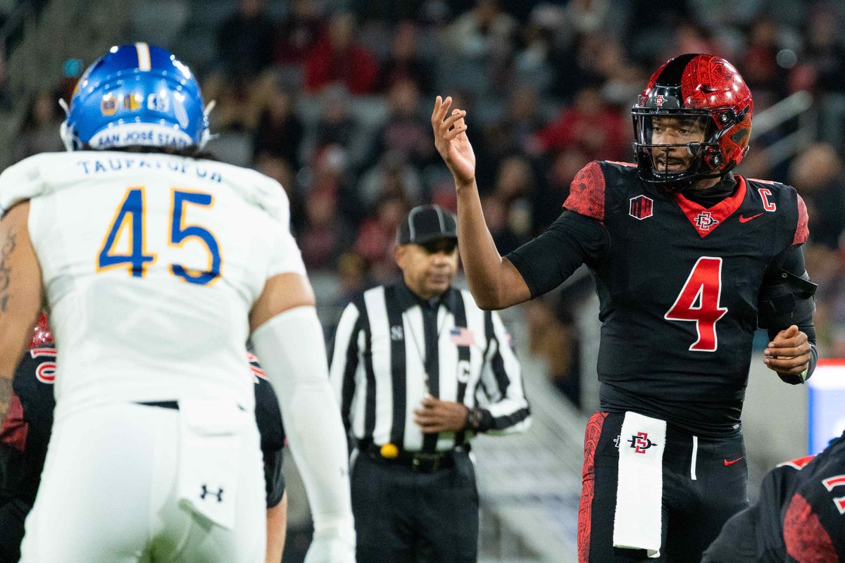 San Diego State quarterback Jayden Denegal (4) motions before the snap during an NCAA Football game between San Jose State and San Diego State, Saturday November 22, 2025 in San Diego, Calif.