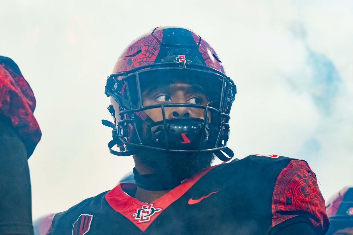 San Diego State players walk through smoke while being announced before an NCAA Football game between San Jose State and San Diego State, Saturday November 22, 2025 in San Diego, Calif.