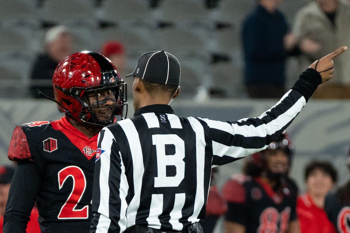 A San Diego State player reacts to an interception during an NCAA Football game between San Jose State and San Diego State, Saturday November 22, 2025 in San Diego, Calif.