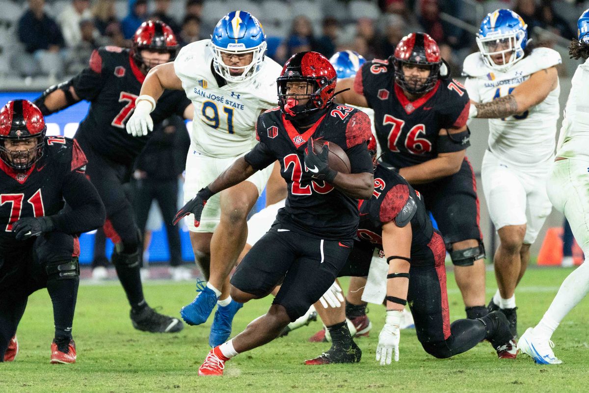 San Diego State running back Christian Washington (23) runs the ball during an NCAA Football game between San Jose State and San Diego State, Saturday November 22, 2025 in San Diego, Calif.