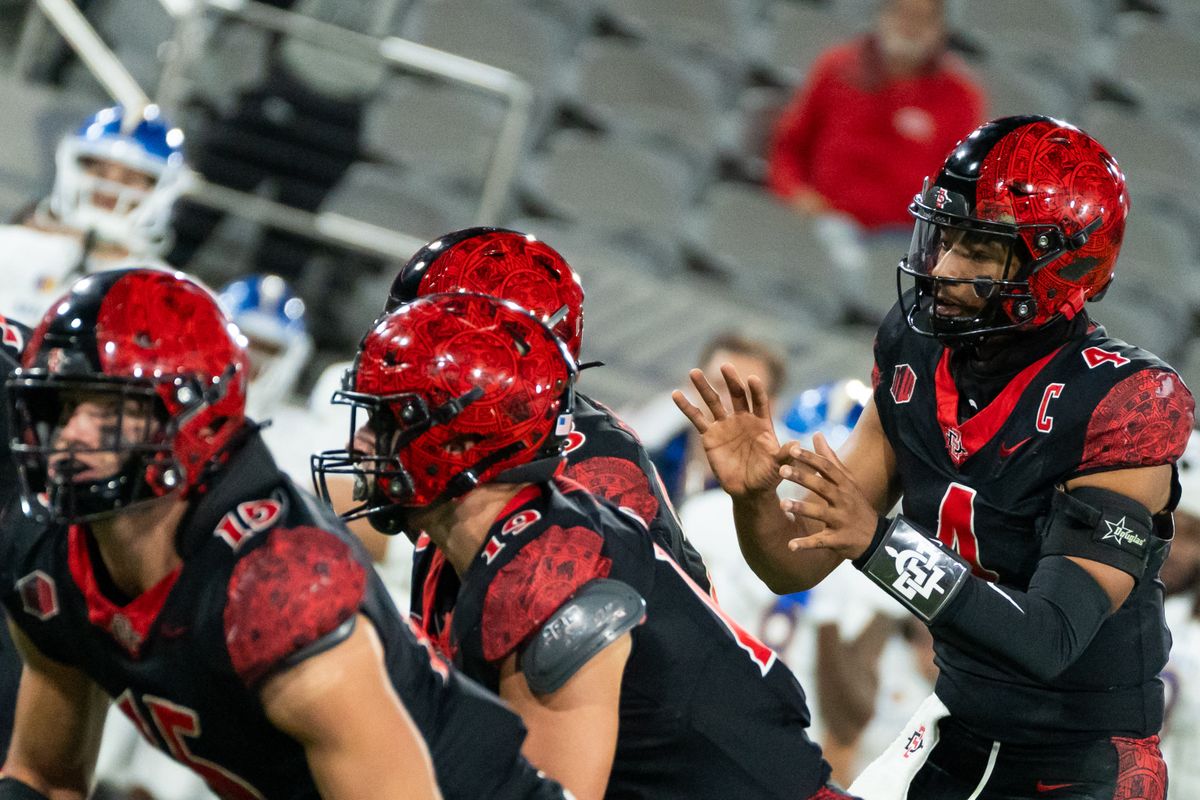 San Diego State quarterback Jayden Denegal (4) takes a snap during an NCAA Football game between San Jose State and San Diego State, Saturday November 22, 2025 in San Diego, Calif.