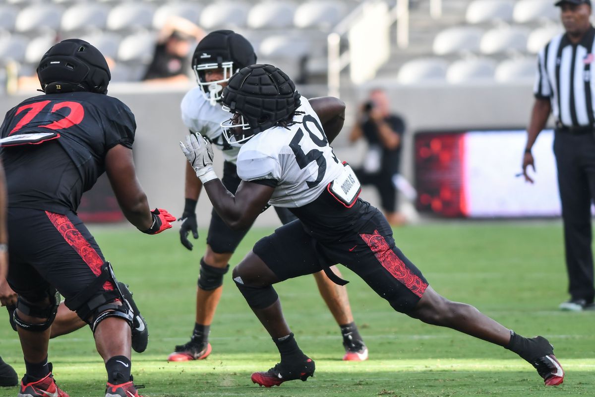 SDSU defensive lineman Djibril Rahman (59) participates in the First scrimmage at Snapdragon Stadium on Saturday August 15, 2026 in San Diego, Calif. SDSU defensive lineman Djibril Rahman (59) participates in the First scrimmage at Snapdragon Stadium on Saturday August 15, 2026 in San Diego, Calif.