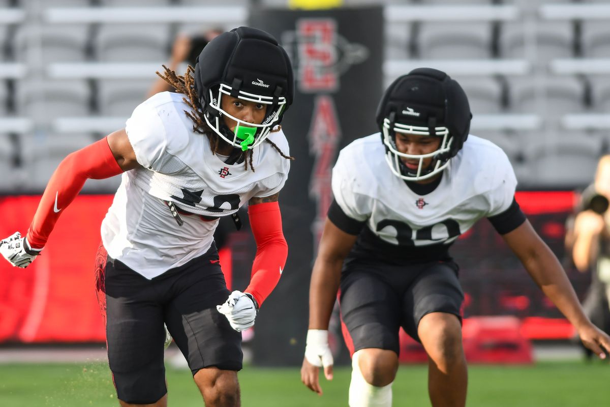 SDSU safety Cammeron Purnell (19) and SDSU safety Jalen Thomeson (30) participates in the First scrimmage at Snapdragon Stadium on Saturday August 15, 2026 in San Diego, Calif. SDSU safety Cammeron Purnell (19) and SDSU safety Jalen Thomeson (30) participates in the First scrimmage at Snapdragon Stadium on Saturday August 15, 2026 in San Diego, Calif.