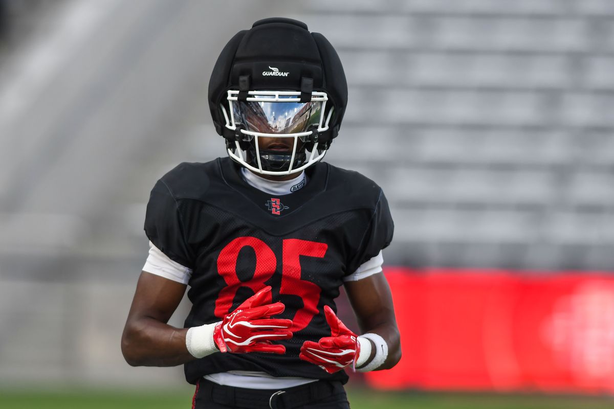 SDSU wide receiver Daishaun Davis (85) participates in the First scrimmage at Snapdragon Stadium on Saturday August 15, 2026 in San Diego, Calif.. SDSU wide receiver Daishaun Davis (85) participates in the First scrimmage at Snapdragon Stadium on Saturday August 15, 2026 in San Diego, Calif..