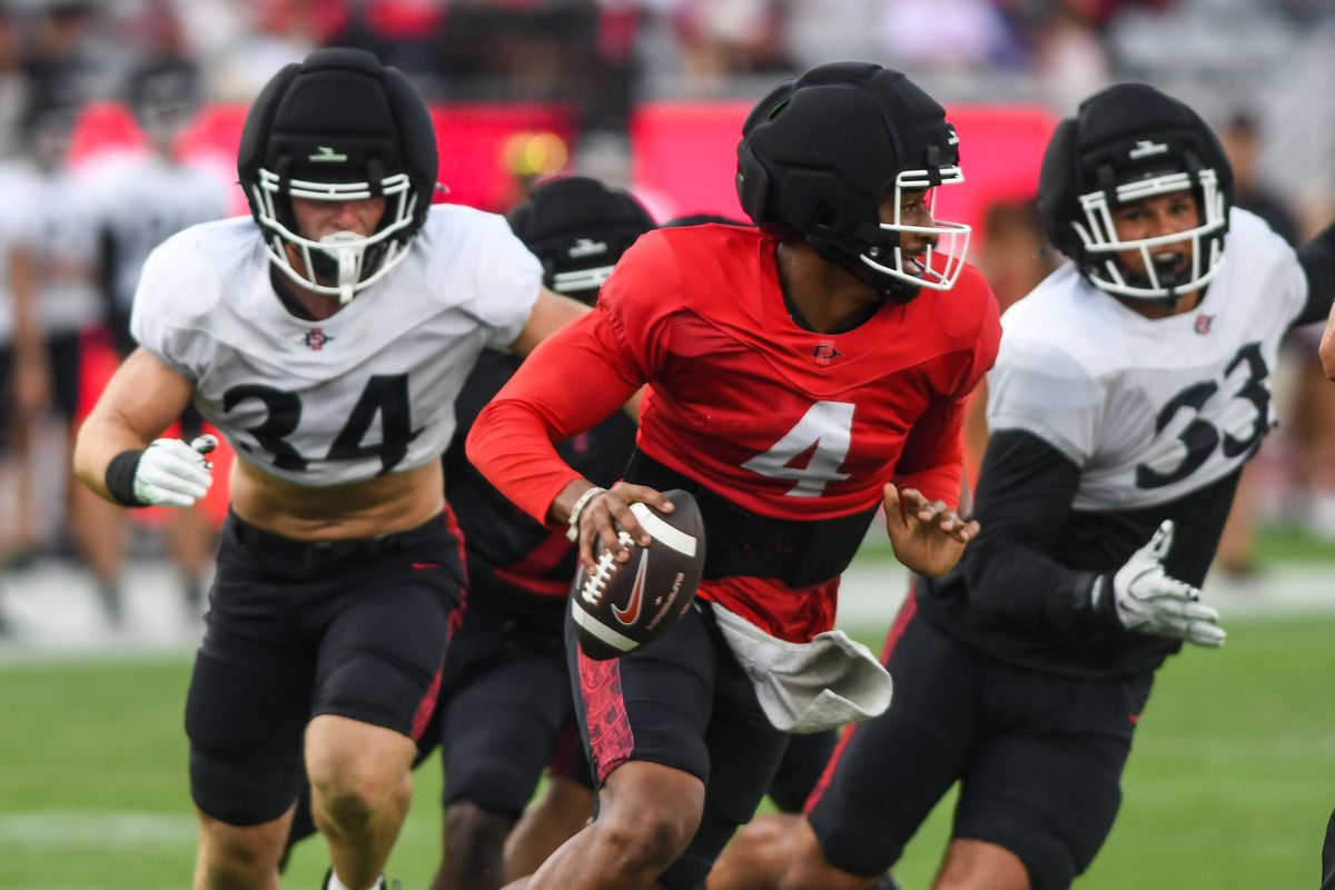 SDSU linebacker Dean Harrington (34) and SDSU quarterback Jayden Denegal (4) and SDSU linebacker Brady Nassar (33) participates in the First scrimmage at Snapdragon Stadium on Saturday August 15, 2026 in San Diego, Calif.. SDSU linebacker Dean Harrington (34) and SDSU quarterback Jayden Denegal (4) and SDSU linebacker Brady Nassar (33) participates in the First scrimmage at Snapdragon Stadium on Saturday August 15, 2026 in San Diego, Calif..