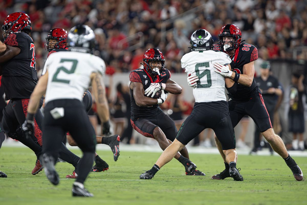 San Diego State running back Lucky Sutton (7) takes a carry against Portland State, Saturday, Sept. 5, 2026, in San Diego.