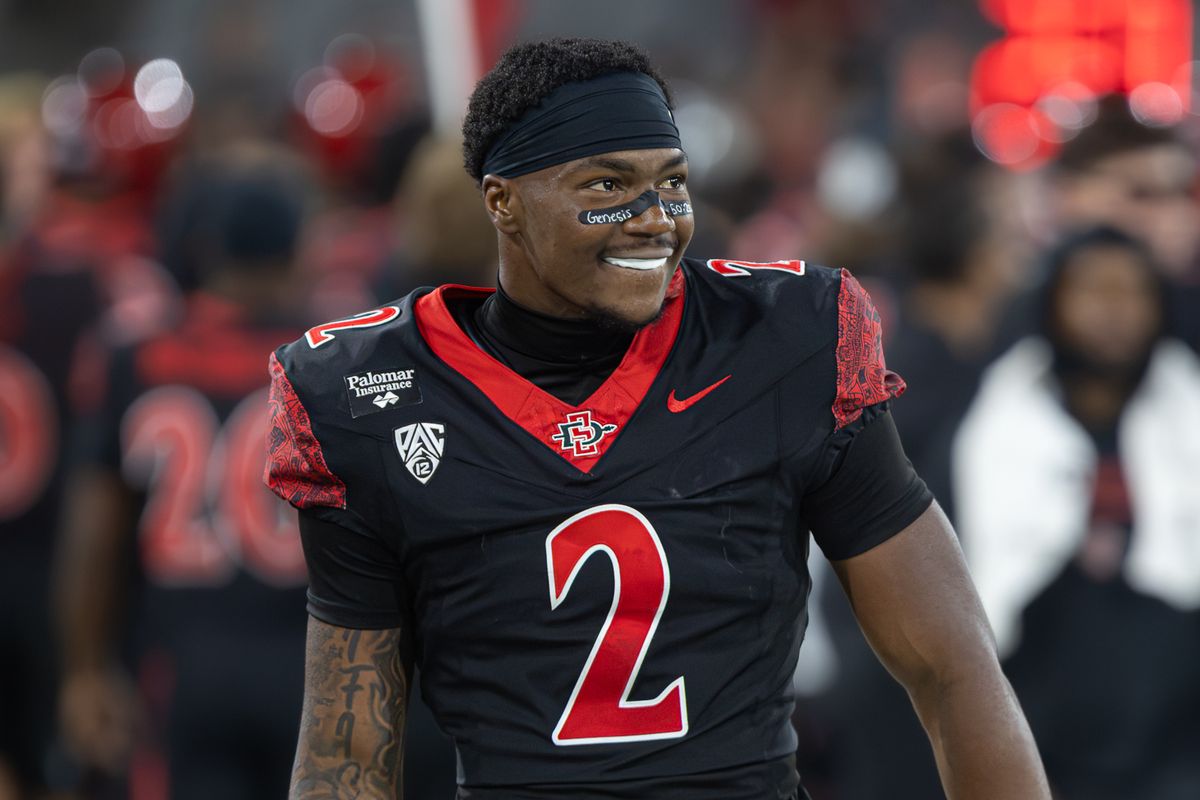 San Diego State wide receiver Jordan Napier (2) smiles after a big play against Portland State, Saturday, Sept. 5, 2026, in San Diego.