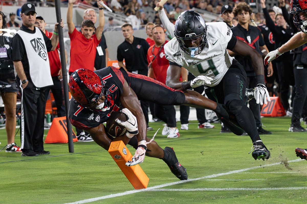 San Diego State running back Lucky Sutton (7) runs in for a touchdown against Portland State, Saturday, Sept. 5, 2026, in San Diego.