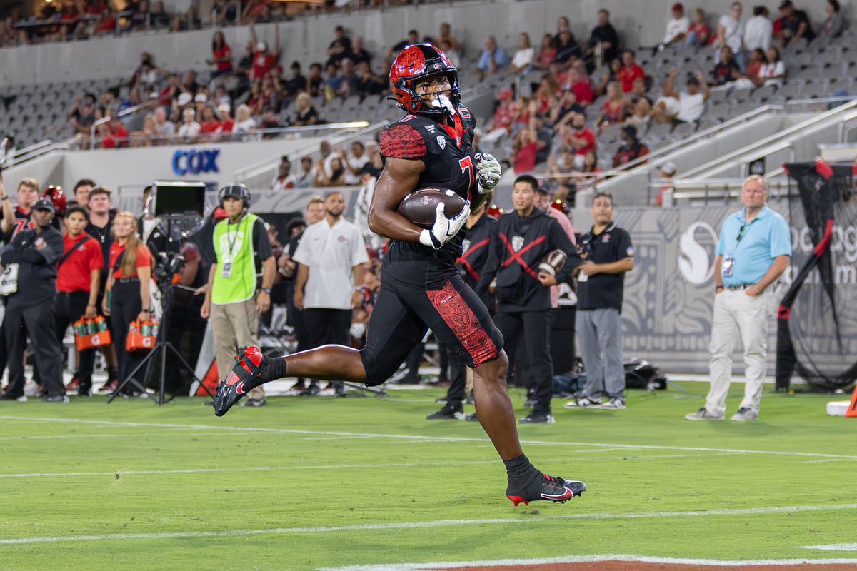 San Diego State running back Lucky Sutton (7) runs in for a touchdown against Portland State, Saturday, Sept. 5, 2026, in San Diego.