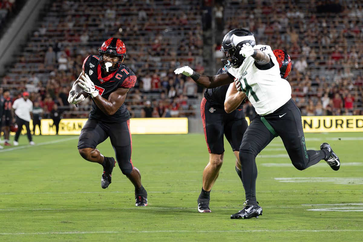 San Diego State running back Lucky Sutton (7) takes a carry against Portland State, Saturday, Sept. 5, 2026, in San Diego.