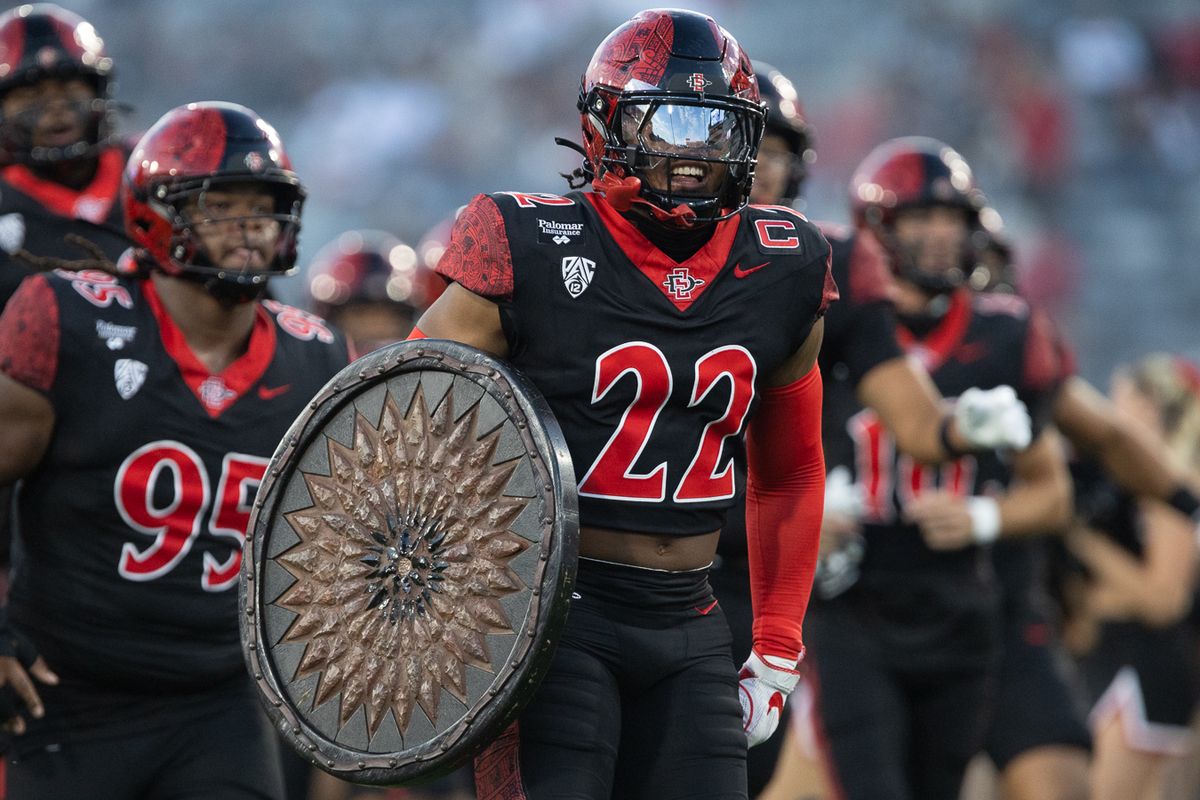 San Diego State safety Max Garrison (22) leads his team onto the field before the game against Portland State, Saturday, Sept. 5, 2026, in San Diego.