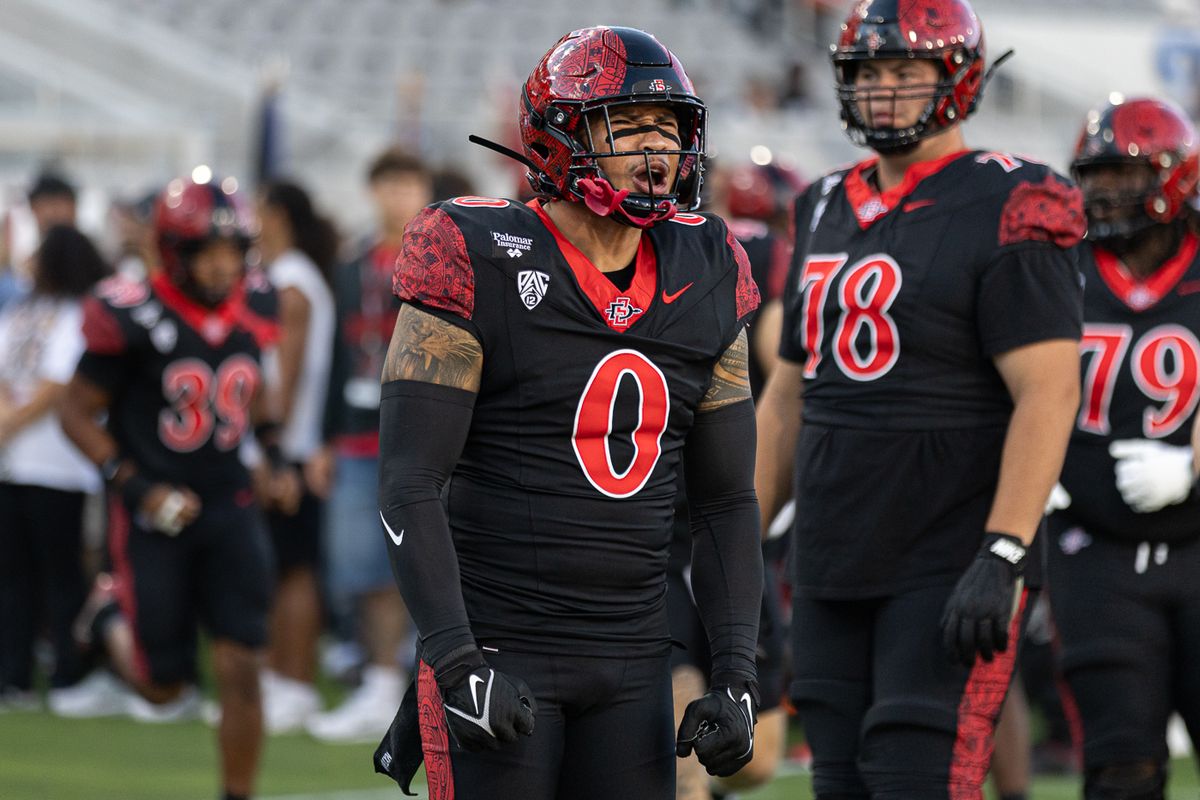 San Diego State linebacker Sione Hala (0) gets fired up before the game against Portland State, Saturday, Sept. 5, 2026, in San Diego.