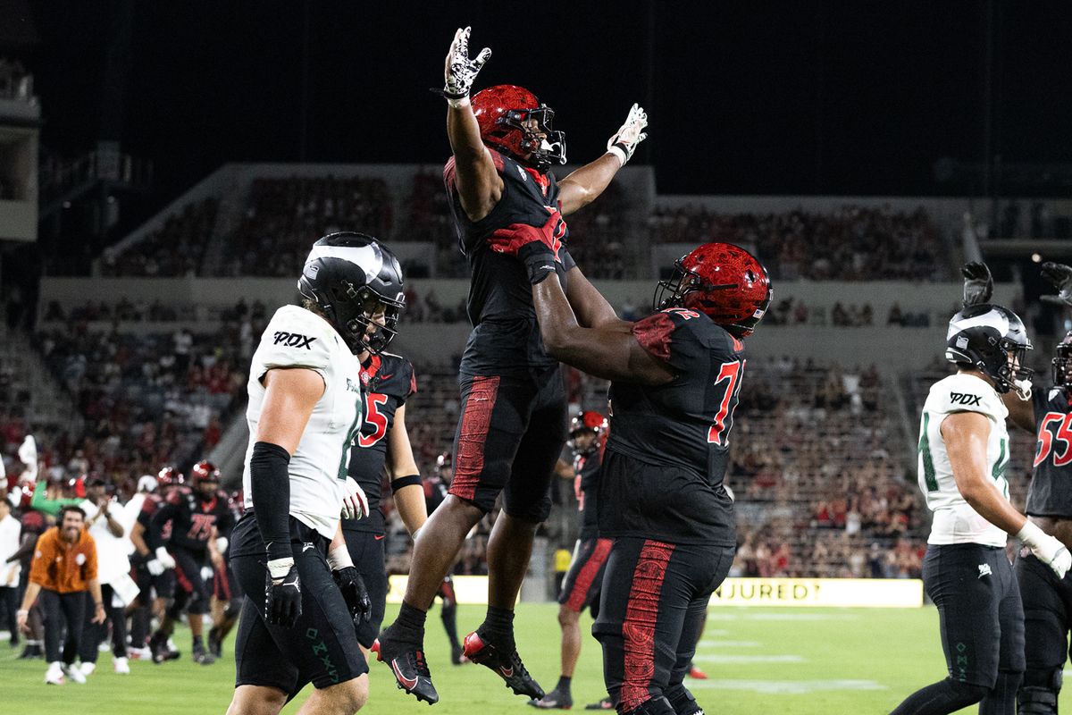 San Diego State running back Lucky Sutton (7) celebrates after scoring a touchdown against Portland State, Saturday, Sept. 5, 2026, in San Diego.
