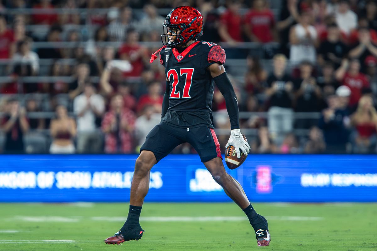 San Diego State cornerback Mike Lindsay (27) celebrates after an interception against Portland State, Saturday, Sept. 5, 2026, in San Diego.