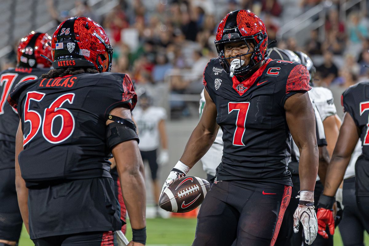 San Diego State running back Lucky Sutton (7) celebrates after scoring a touchdown against Portland State, Saturday, Sept. 5, 2026, in San Diego.