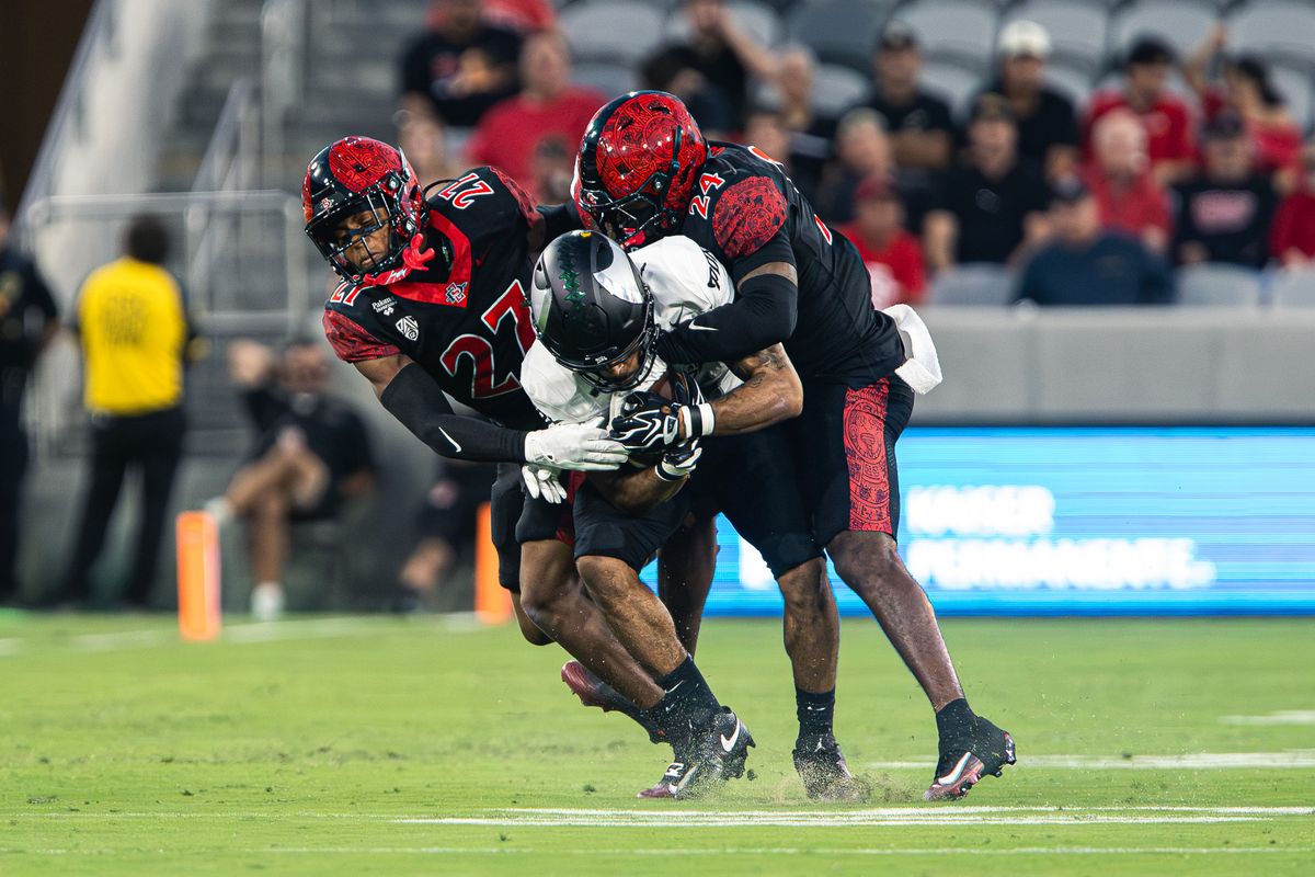 San Diego State defenders swarm a Portland State player during their game on Saturday, Sept. 5, 2026, in San Diego.