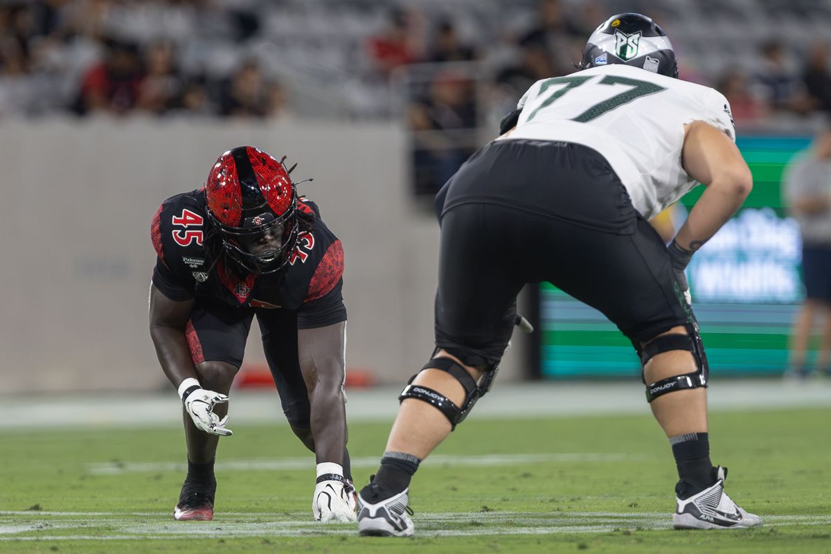 San Diego State edge rusher Djibril Rahman (45) prepares to rush against Portland State, Saturday, Sept. 5, 2026, in San Diego.