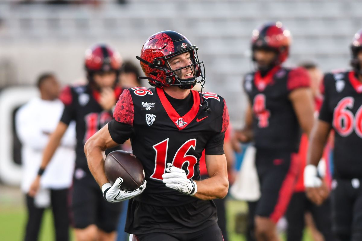 SDSU  wide receiver Will Cianfrini (16&nbsp;) during warmups for  an NCAA football  game against Portland State Saturday September 5, 2026 in  San Diego, Calif.