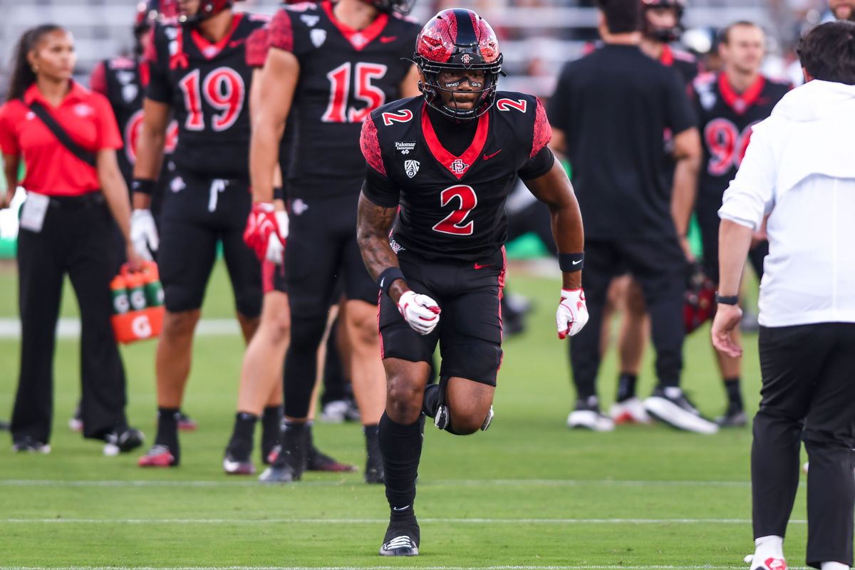 SDSU  wide receiver Jordan Napier during warmups for an NCAA football  game against Portland State Saturday September 5, 2026 in  San Diego, Calif.