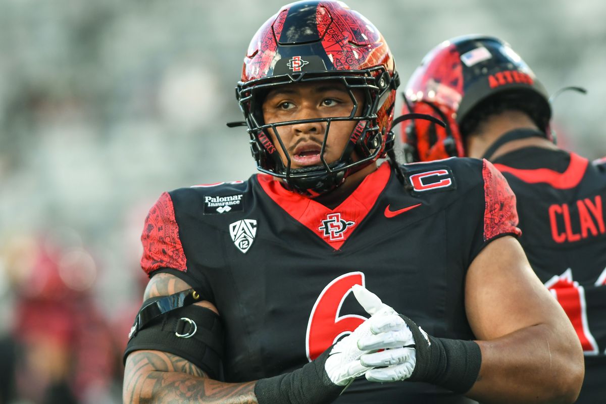 SDSU  defensive lineman Malachi Finau (6&nbsp;) during warmups for an NCAA football  game against Portland State Saturday September 5, 2026 in  San Diego, Calif.