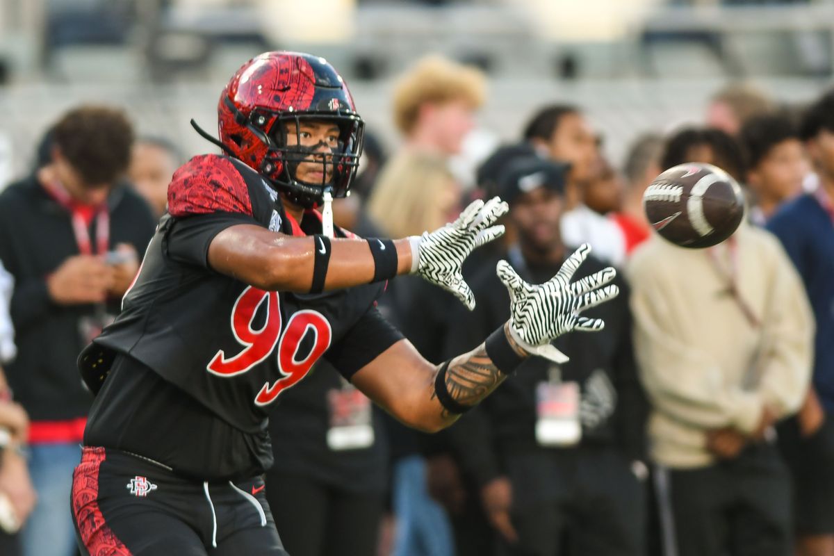 SDSU  tight end Jack Elijah Muliufi (99&nbsp;) during warmups for an NCAA football  game against Portland State Saturday September 5, 2026 in  San Diego, Calif.