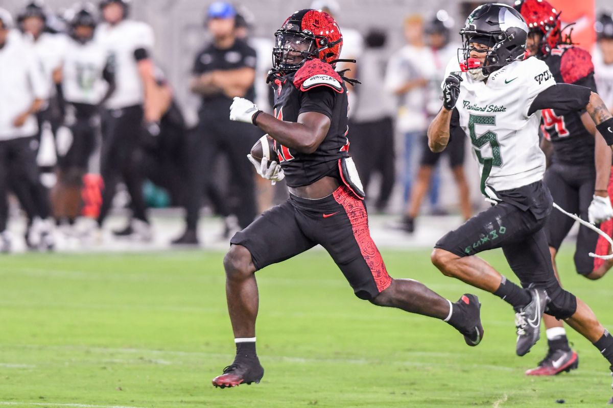 SDSU  running back Javion Kinnard (21&nbsp;) runs with the football during an NCAA football  game against Portland State Saturday September 5, 2026 in  San Diego, Calif.