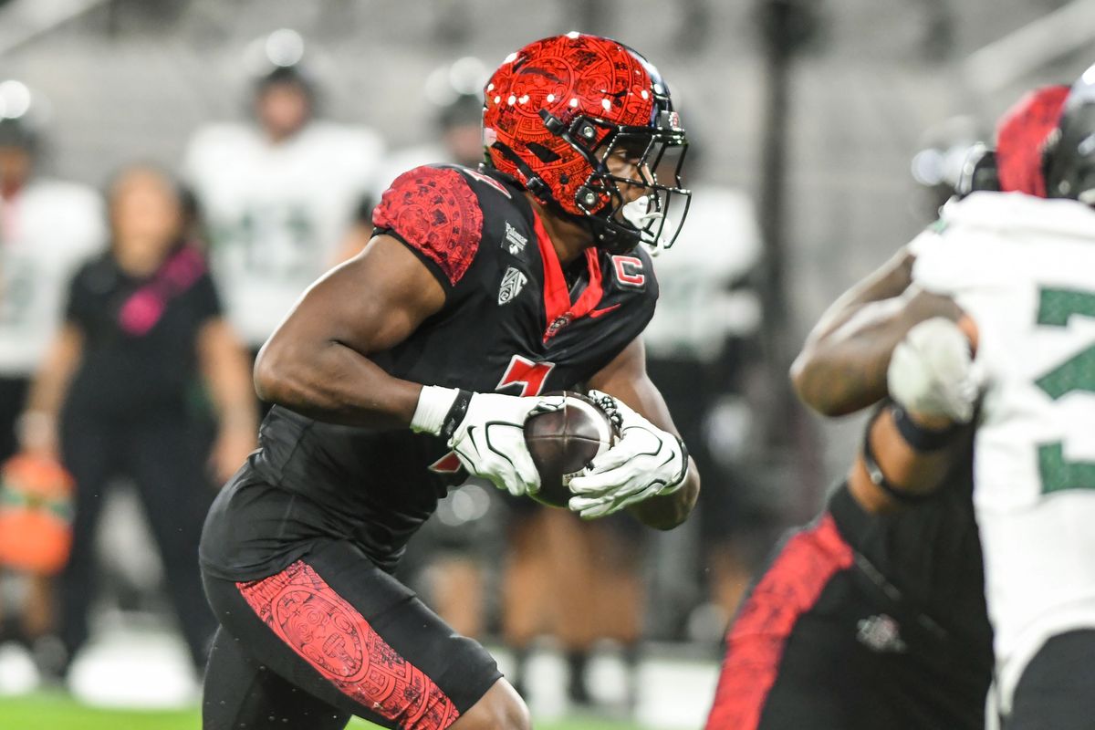 SDSU  running back Lucky Sutton (7&nbsp;) scores on a rushing touchdown during an NCAA football  game against Portland State Saturday September 5, 2026 in  San Diego, Calif.