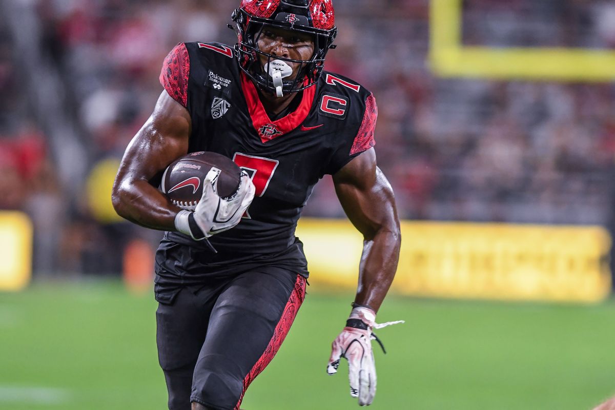 SDSU  running back Lucky Sutton (7&nbsp;) scores on a rushing touchdown during an NCAA football  game against Portland State Saturday September 5, 2026 in  San Diego, Calif.