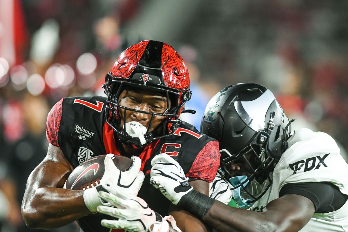 SDSU  running back Lucky Sutton (7&nbsp;) scores on a rushing touchdown during an NCAA football  game against Portland State Saturday September 5, 2026 in  San Diego, Calif.