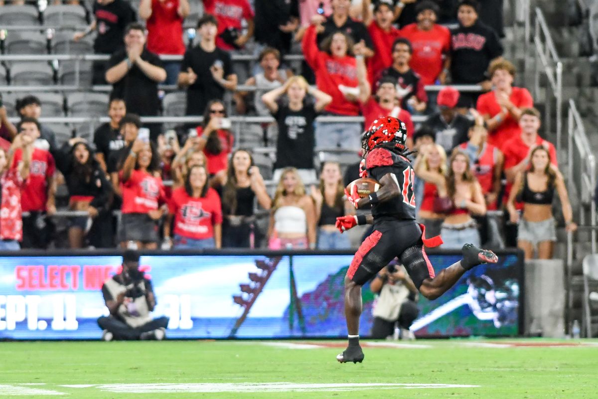 SDSU  wide receiver Jaylon Hawkins (12&nbsp;) returns a kick 100 yards fovea touchdown during an NCAA football  game against Portland State Saturday September 5, 2026 in  San Diego, Calif.