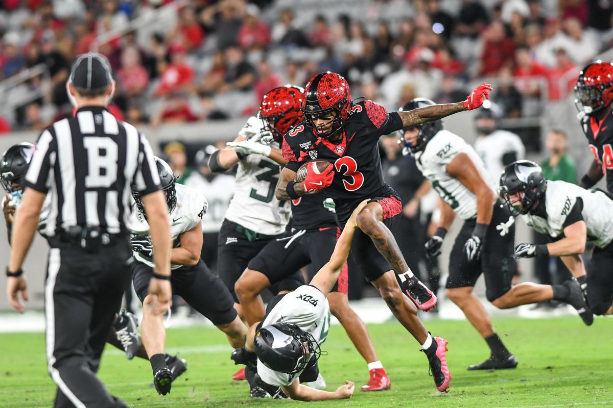 SDSU  wide receiver Nathan Acevedo hurdles the defender on a kickoff return during an NCAA football  game against Portland State Saturday September 5, 2026 in  San Diego, Calif.