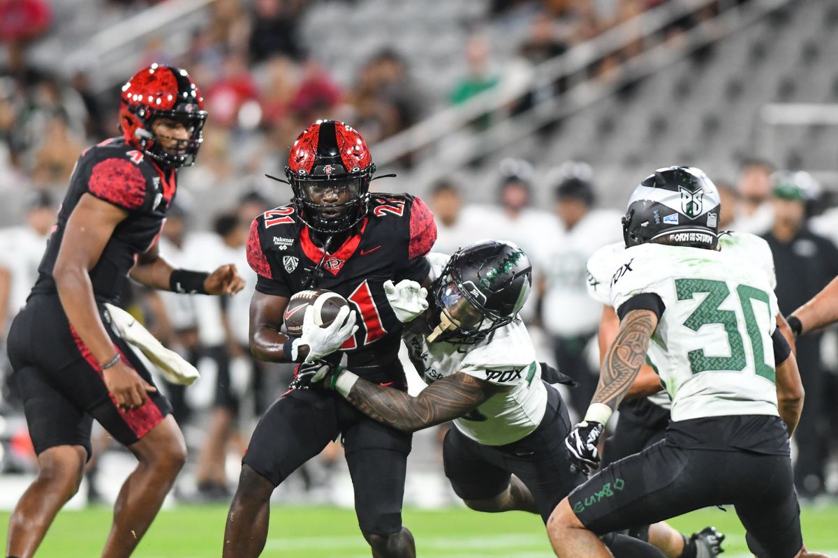 SDSU  running back Javion Kinnard (21&nbsp;) carries the football during an NCAA football  game against Portland State Saturday September 5, 2026 in  San Diego, Calif.