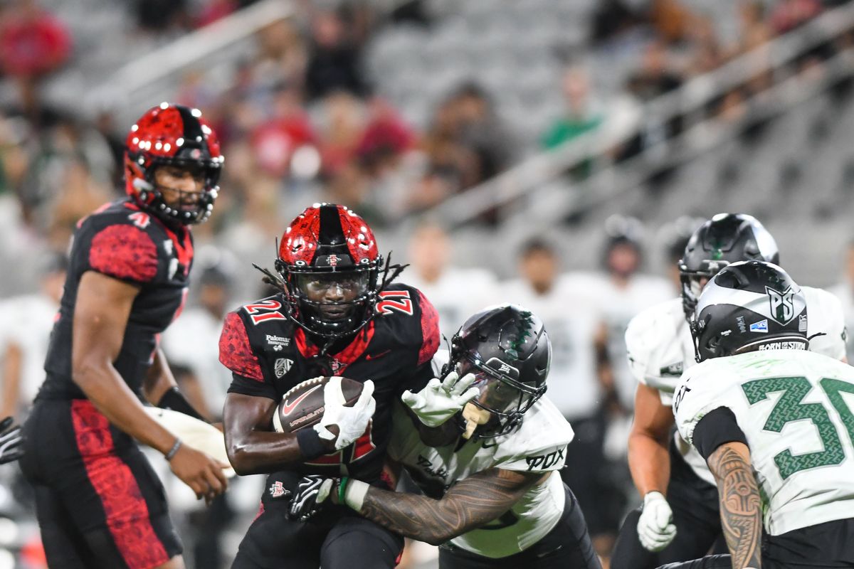 SDSU  running back Javion Kinnard (21&nbsp;) carries the football during an NCAA football  game against Portland State Saturday September 5, 2026 in  San Diego, Calif.
