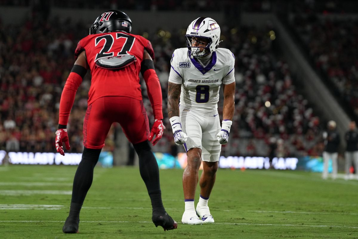 James Madison University wide receiver Jeremiah Harrison (8) lines up for the play during an NCAA football game against San Diego State University, Saturday September 19, 2026 in San Diego, California.