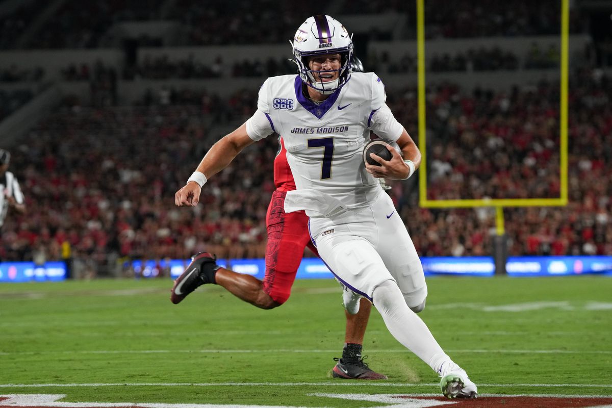 James Madison University quarterback Camden Coleman (7) runs in for a touchdown during an NCAA football game against San Diego State University, Saturday September 19, 2026 in San Diego, California.