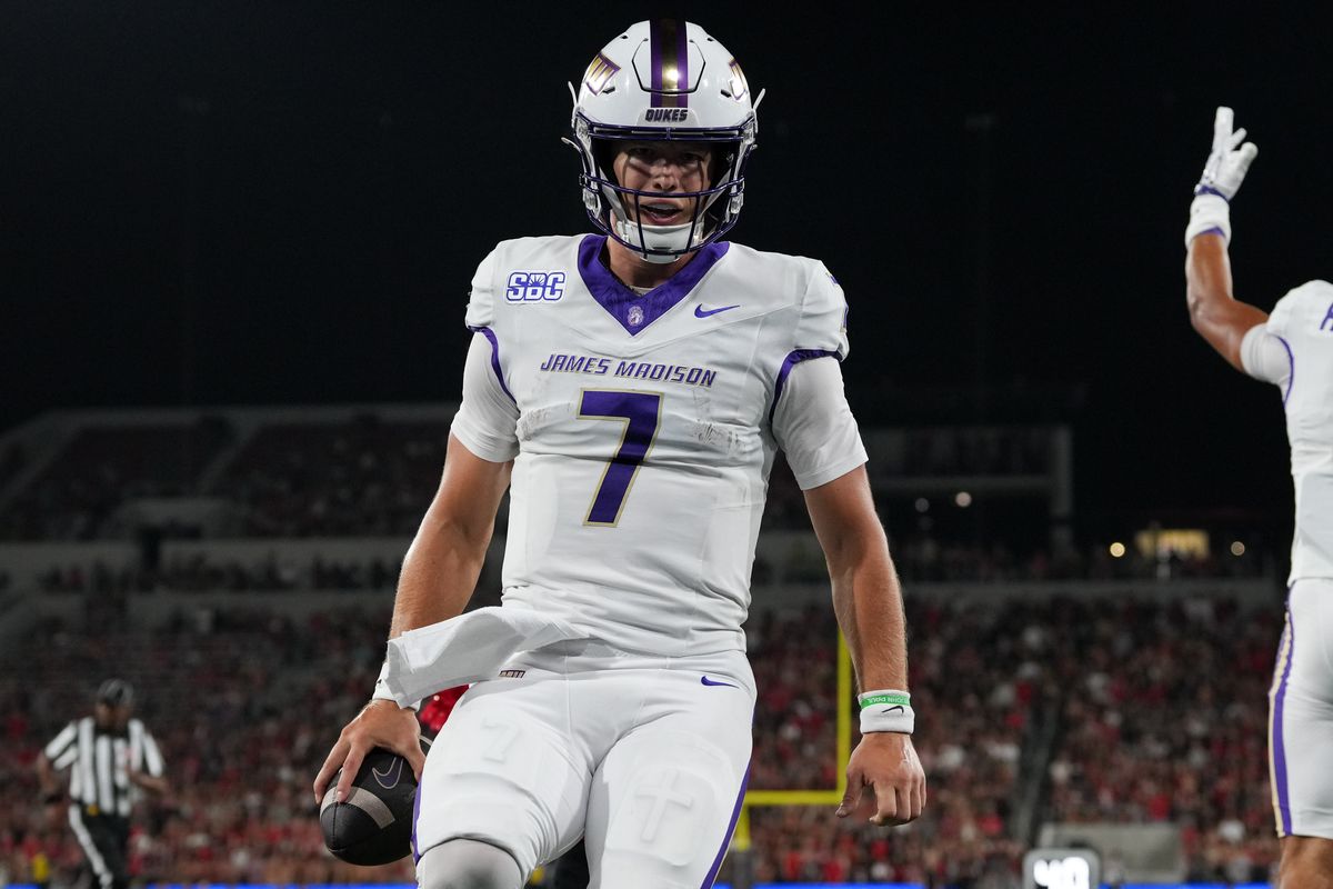 James Madison University quarterback Camden Coleman (7) celebrates after scoring a touchdown during an NCAA football game against San Diego State University, Saturday September 19, 2026 in San Diego, California.