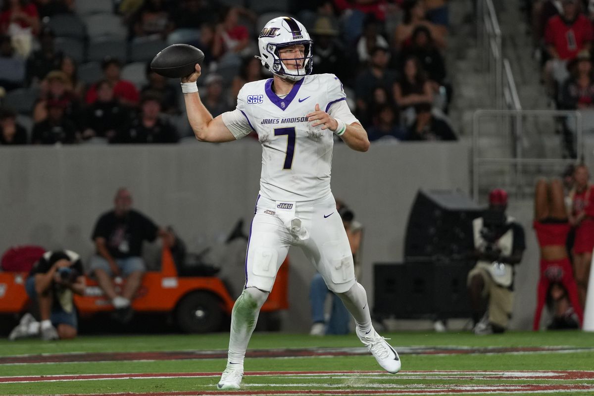 James Madison University quarterback Camden Coleman (7) throws the ball during an NCAA football game against San Diego State University, Saturday September 19, 2026 in San Diego, California.