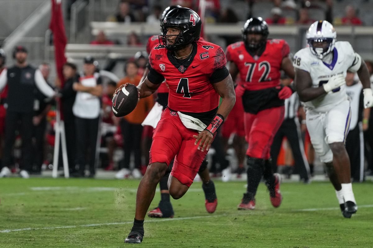 San Diego State University quarterback Jayden Denegal (4) scrambles during an NCAA football game against James Madison University, Saturday September 19, 2026 in San Diego, California.